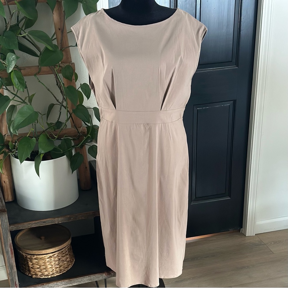 Bloomchic Sheath Midi Dress 18/20 Tan Stretch Boatneck Spring Wedding Guest NWT